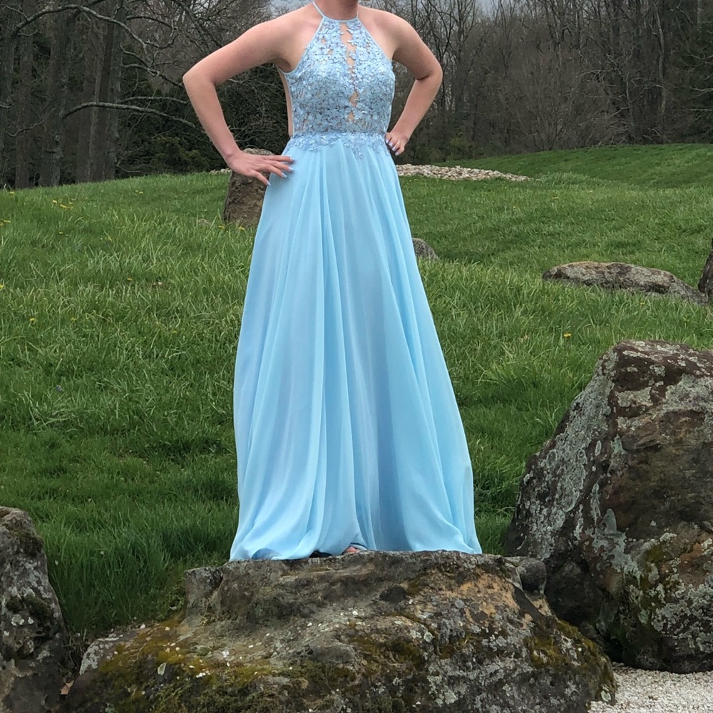 Blush baby blue embellished open back prom dress in size 4